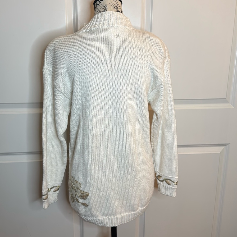 Vintage Talbots Hand Knit Beaded Floral‎ Sweater Ivory Mock Neck Size S - Picture 3 of 17